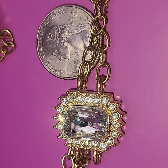 Gold tone double chain long necklace with faux diamonds - Picture 10 of 10